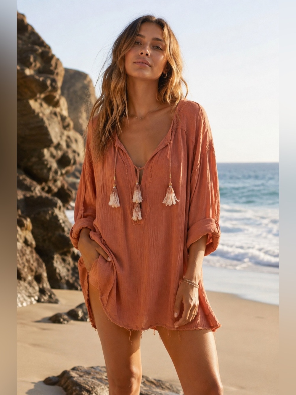Free People Rust Tassel Tunic with pockets. Breezy and comfortable. XS. EUC. - Picture 1 of 8
